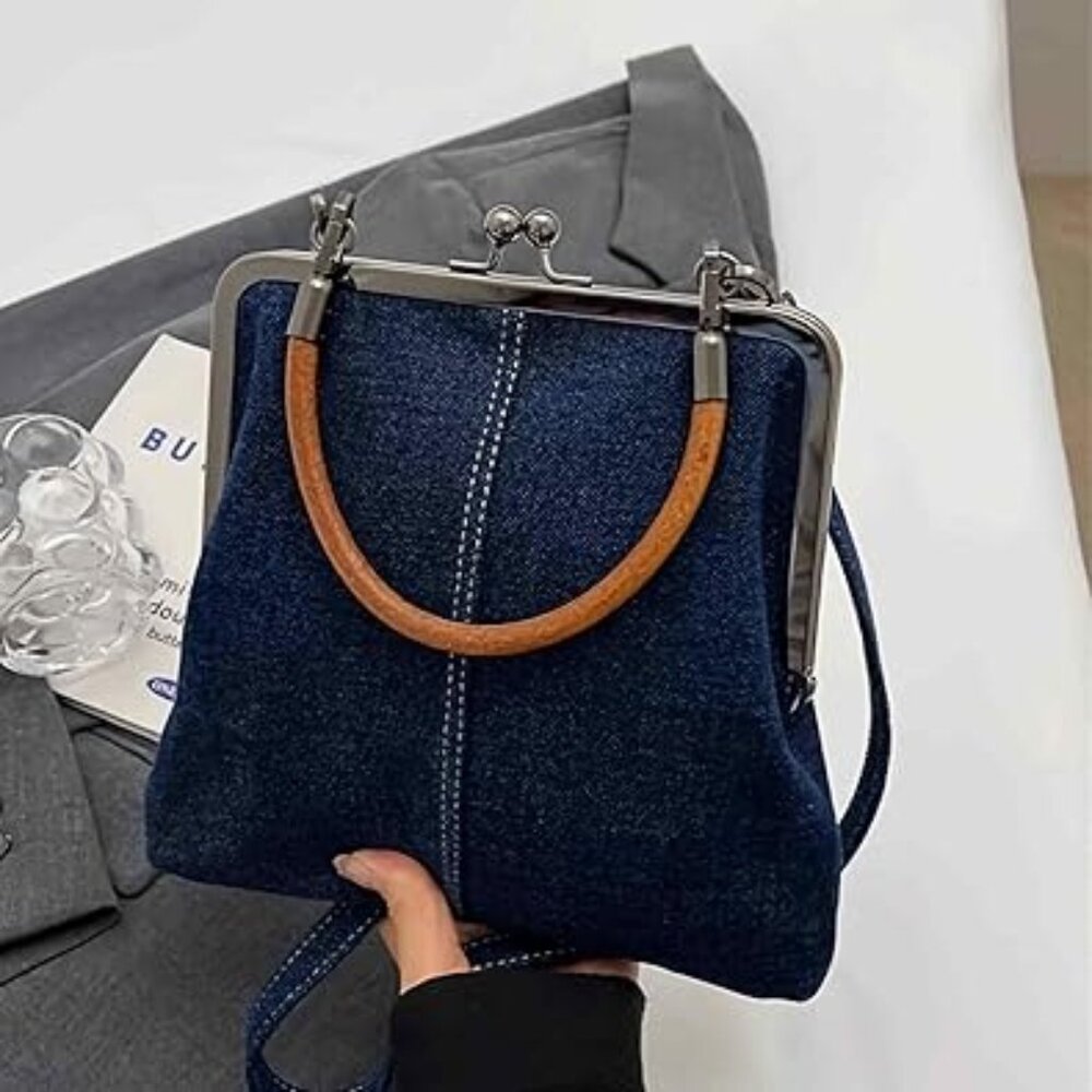 Mini Blue Denim Tote Bag‎ Kiss Lock Purse Crossbody
